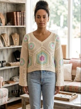 New AZ Crochet Patterned Sweater - Cream, Pink, Green